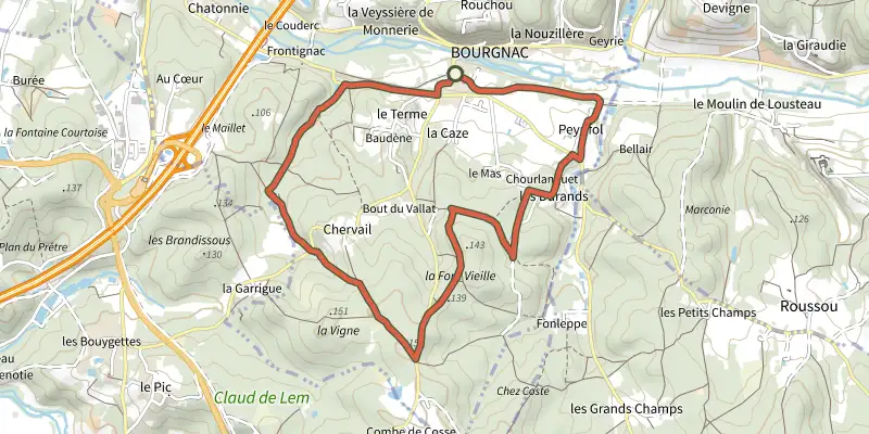 Map of the Boucle des Neuf Fonds track on the IGN map, with the start and numbered waypoints