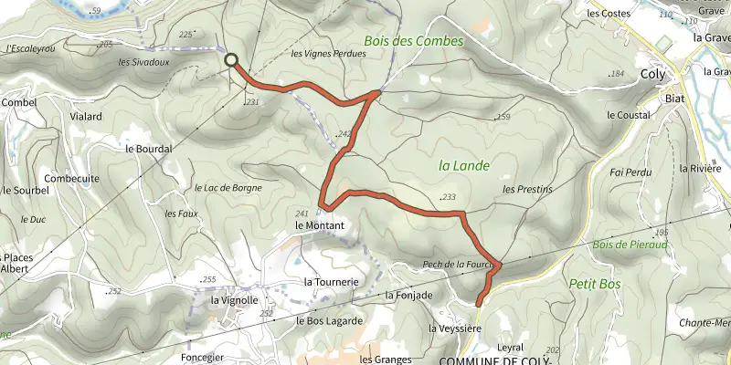 Map of the Boucle vers Terrasson track on the IGN map, with the start and numbered waypoints