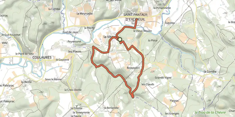 Map of the Boucle des Causses Verts track on the IGN map, with the start and numbered waypoints
