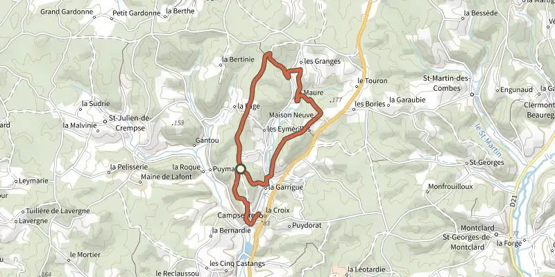 Map of the Boucle de Campsegret track on the IGN map, with the start and numbered waypoints