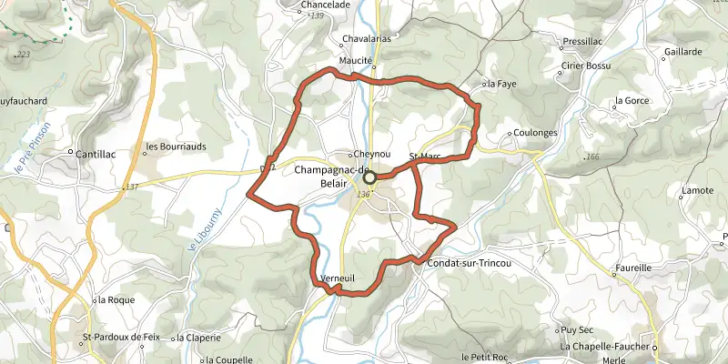 Map of the Boucle Dronne et Trincou track on the IGN map, with the start and numbered waypoints