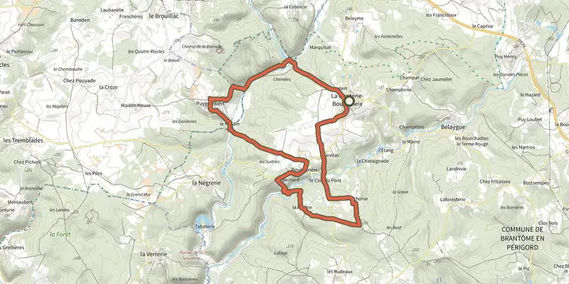 Map of the Boucle de La Gonterie Boulounieix track on the IGN map, with the start and numbered waypoints