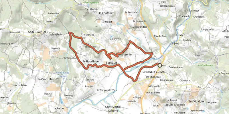 Map of the Boucle des Coteaux de l'Auvézère track on the IGN map, with the start and numbered waypoints
