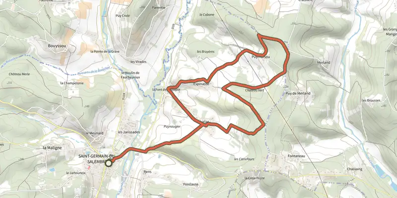 Carte du tracé de Balade des 3 villages sur le Plan IGN, départ et points de passage numérotés