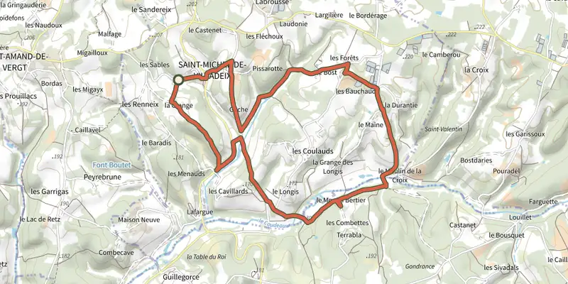 Carte du tracé de Boucle du Caudeau sur le Plan IGN, départ et points de passage numérotés