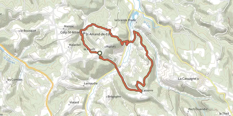 Carte du tracé de Boucle Lauzes et Vieilles Pierres sur le Plan IGN, départ et points de passage numérotés