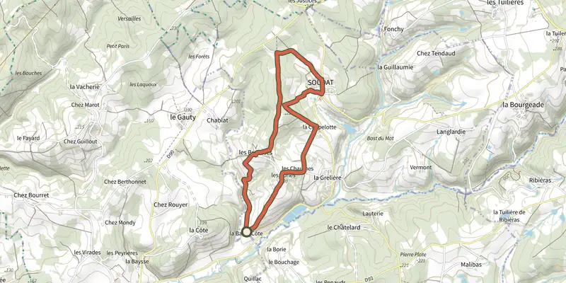 Carte du tracé de Boucle de Soudat sur le Plan IGN, départ et points de passage numérotés
