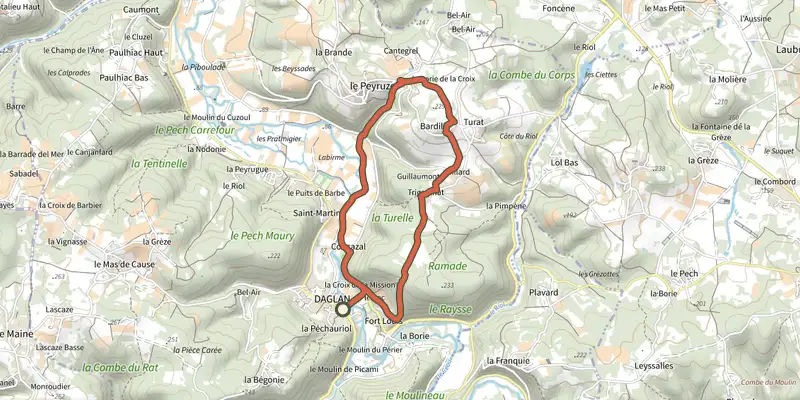 Carte du tracé de Boucle Le Peyruzel sur le Plan IGN, départ et points de passage numérotés