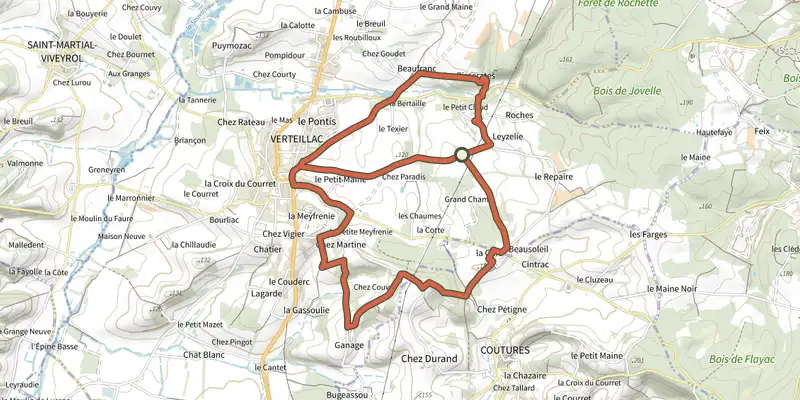 Carte du tracé de Boucle de Verteillac sur le Plan IGN, départ et points de passage numérotés