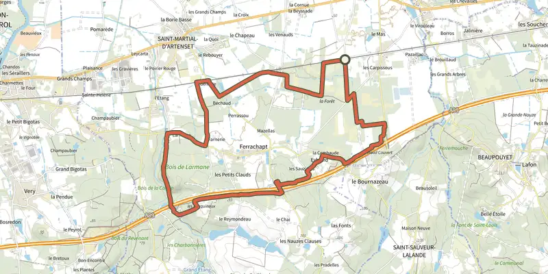 Map of the Boucle des Marquinaux track on the IGN map, with the start and numbered waypoints