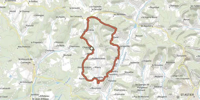 Carte du tracé de Boucle des hameaux sur le Plan IGN, départ et points de passage numérotés