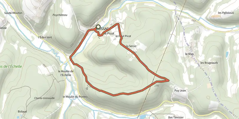 Map of the Boucle de Bussac track on the IGN map, with the start and numbered waypoints