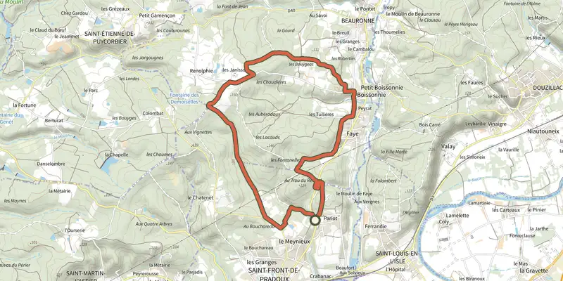 Carte du tracé de Boucle de Fontanelle sur le Plan IGN, départ et points de passage numérotés