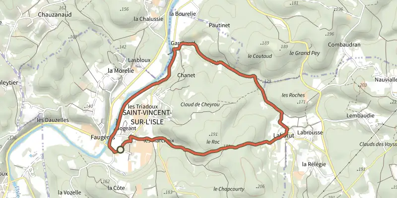 Carte du tracé de Boucle de Garabaud sur le Plan IGN, départ et points de passage numérotés