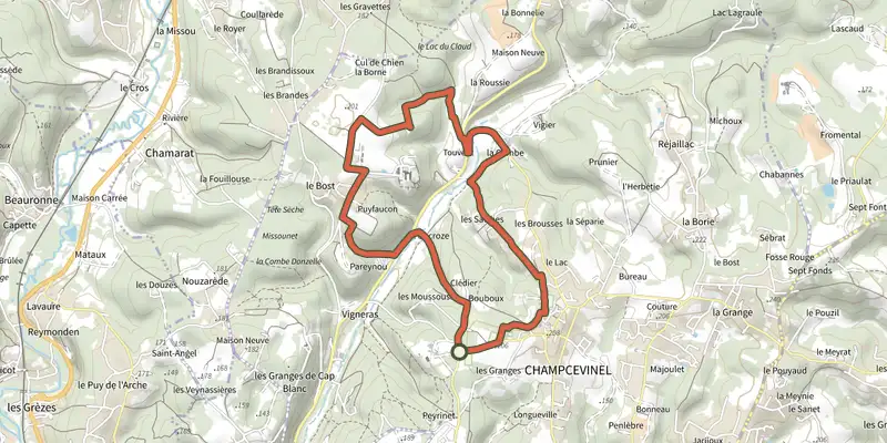 Carte du tracé de Boucle de Borie Brut sur le Plan IGN, départ et points de passage numérotés