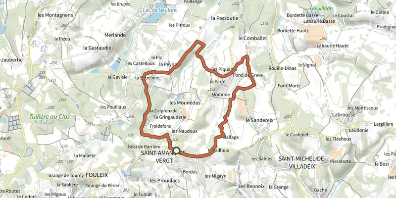 Carte du tracé de Boucle de Neufont sur le Plan IGN, départ et points de passage numérotés