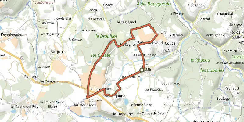 Carte du tracé de Boucle des Peyrouliers sur le Plan IGN, départ et points de passage numérotés