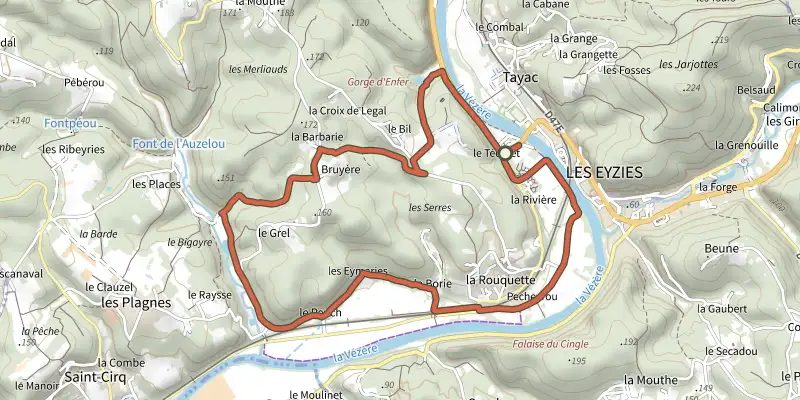 Carte du tracé de Boucle de Gorge d'Enfer sur le Plan IGN, départ et points de passage numérotés