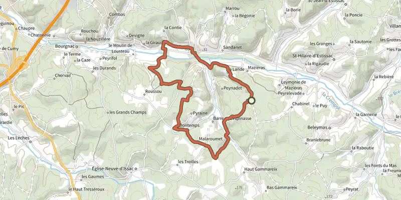 Carte du tracé de Le sentier des 10 000 ans sur le Plan IGN, départ et points de passage numérotés