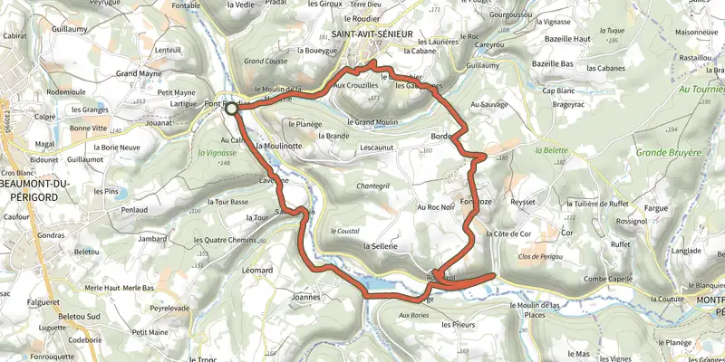 Map of the Boucle de Pont Roudier track on the IGN map, with the start and numbered waypoints