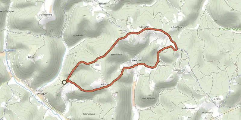 Map of the Boucle de Castang track on the IGN map, with the start and numbered waypoints