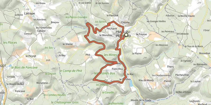 Map of the Boucle des Mines track on the IGN map, with the start and numbered waypoints