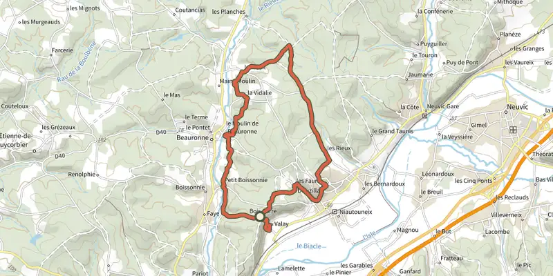 Carte du tracé de Randonnée des sources sur le Plan IGN, départ et points de passage numérotés