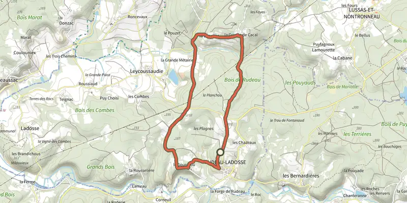 Carte du tracé de Boucle de Rudeau-Ladosse sur le Plan IGN, départ et points de passage numérotés