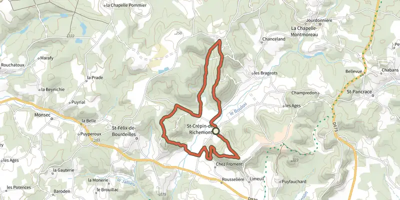 Carte du tracé de Boucle de Saint-Crépin de Richemont sur le Plan IGN, départ et points de passage numérotés