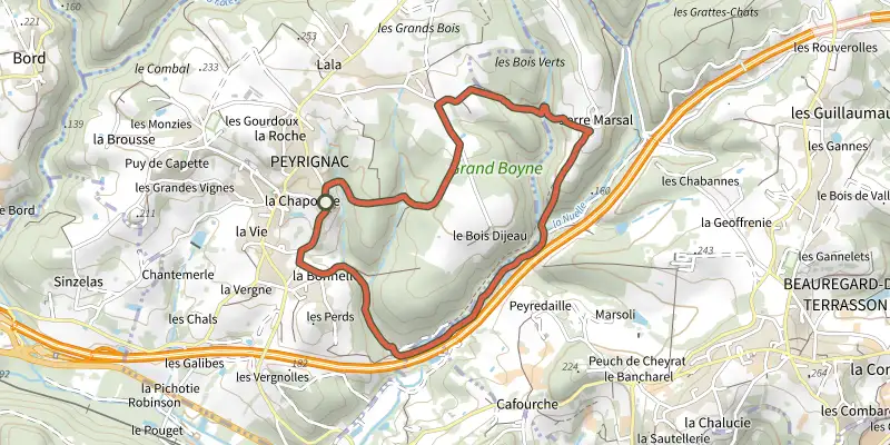 Carte du tracé de Boucle de la Nuelle sur le Plan IGN, départ et points de passage numérotés