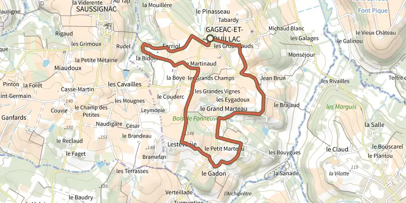 Map of the Boucle de Gageac et Rouillac track on the IGN map, with the start and numbered waypoints