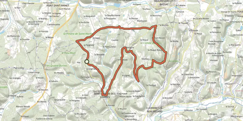Map of the Sentier des Combes de Saint Martin track on the IGN map, with the start and numbered waypoints