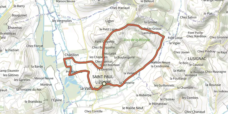 Map of the Boucle de St-Paul-Lizonne track on the IGN map, with the start and numbered waypoints