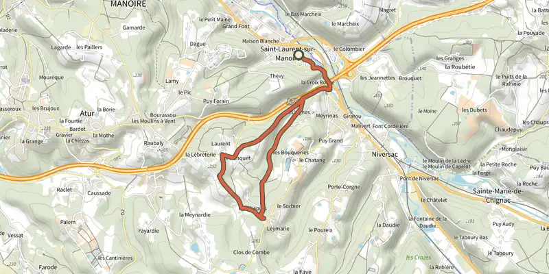 Map of the Boucle des Chaputs track on the IGN map, with the start and numbered waypoints