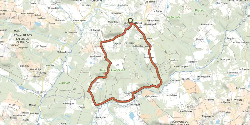 Carte du tracé de Boucle de St Cloud sur le Plan IGN, départ et points de passage numérotés