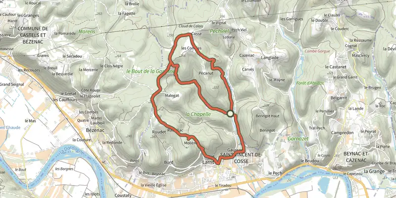 Carte du tracé de Boucle des Lavandières sur le Plan IGN, départ et points de passage numérotés