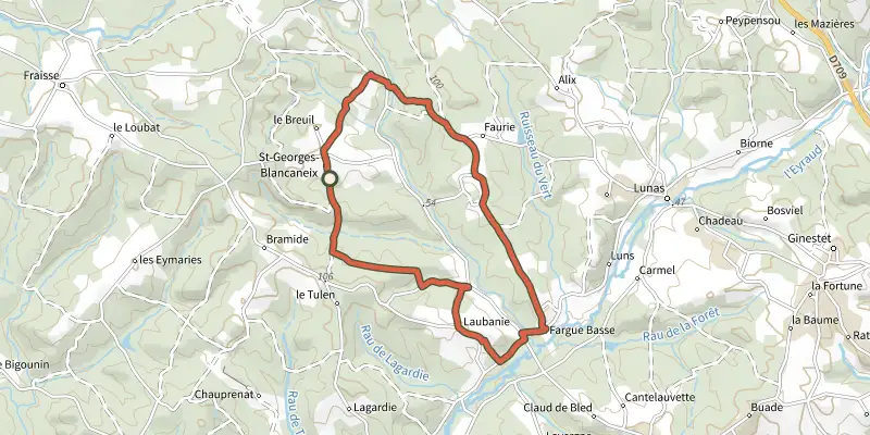 Carte du tracé de Boucle de Saint-Georges de Blancaneix sur le Plan IGN, départ et points de passage numérotés