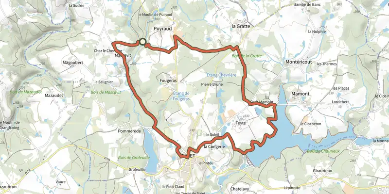 Carte du tracé de Boucle des Genets et des Pervenches sur le Plan IGN, départ et points de passage numérotés