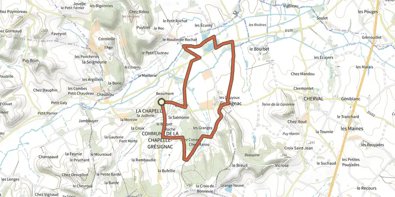Carte du tracé de Boucle de la Chapelle-Grésignac sur le Plan IGN, départ et points de passage numérotés