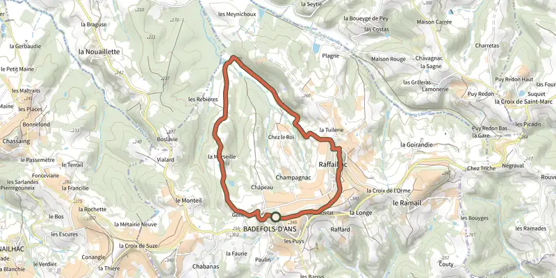 Map of the Boucle de Badefols d'Ans track on the IGN map, with the start and numbered waypoints