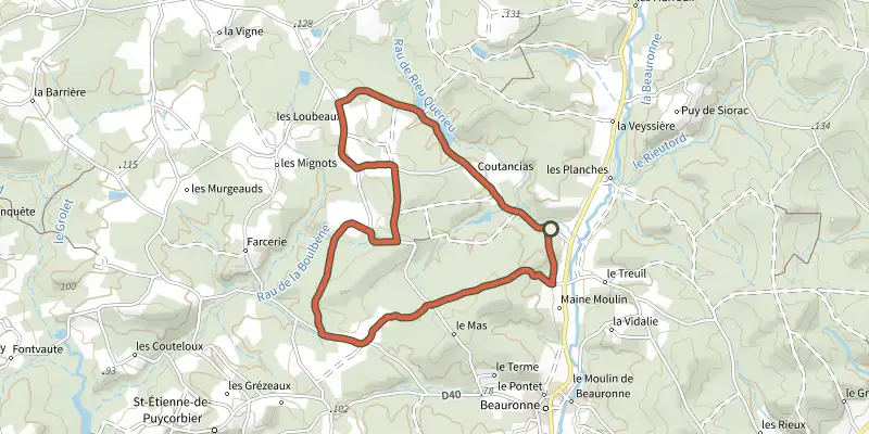 Map of the Boucle des loubeaux track on the IGN map, with the start and numbered waypoints