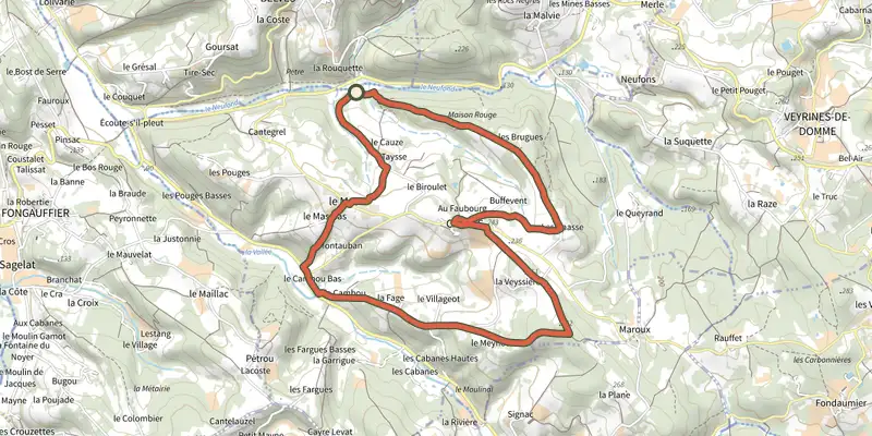 Carte du tracé de Boucle de Carves sur le Plan IGN, départ et points de passage numérotés
