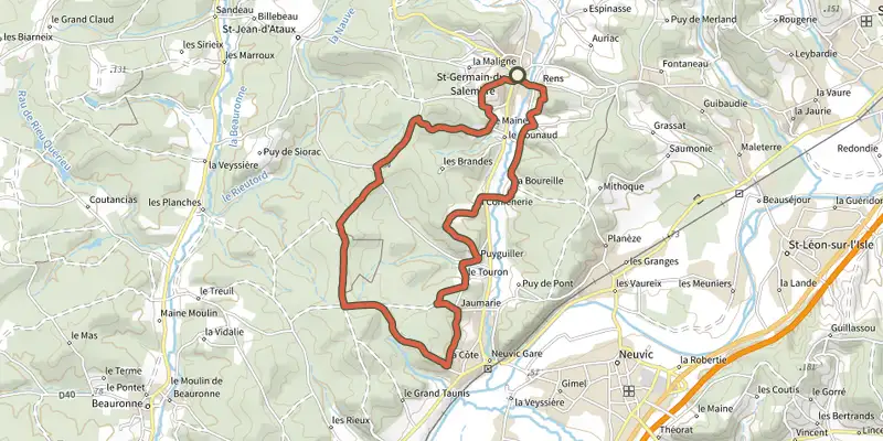 Map of the Balade de la fontaine track on the IGN map, with the start and numbered waypoints