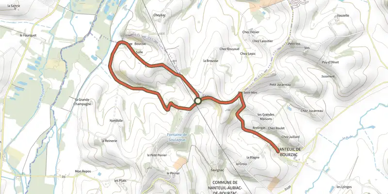 Map of the Boucle de Petit Bourzac track on the IGN map, with the start and numbered waypoints