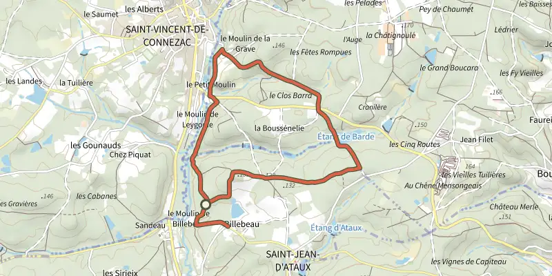 Map of the Boucle Moulin de la Grave track on the IGN map, with the start and numbered waypoints