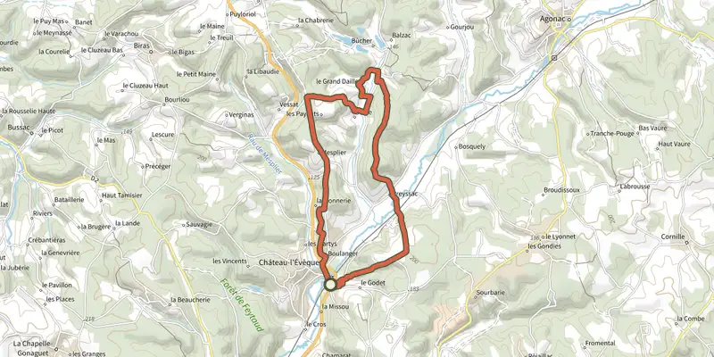 Map of the Boucle de Preyssac track on the IGN map, with the start and numbered waypoints