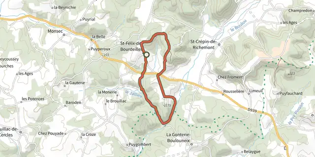 Tracé de Boucle de St Félix de Bourdeilles sur le Plan IGN