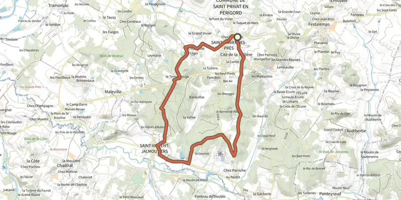 Map of the Boucle de St Privat des Pres track on the IGN map, with the start and numbered waypoints