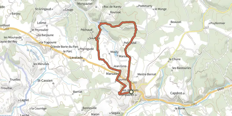Map of the Boucle de Veronne track on the IGN map, with the start and numbered waypoints
