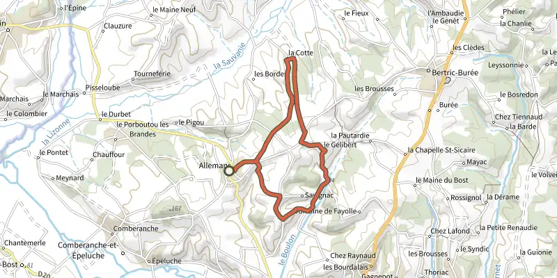 Map of the Boucle d'Allemans track on the IGN map, with the start and numbered waypoints